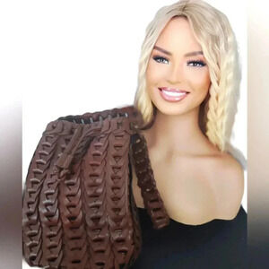 Brown Leather Handmade Weave Bucket Shoulder Bag Women's Drawstring Purse